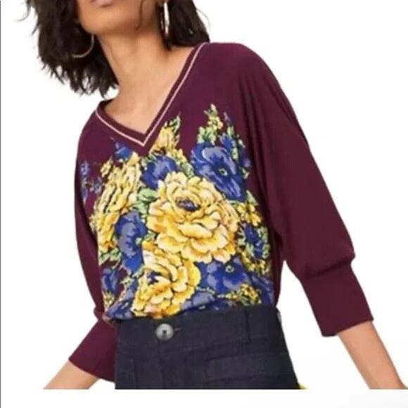 Tiny Anthropologie Ashlee Top Womens M Burgundy Floral V-Neck 3/4 Sleeve Boho - Picture 1 of 8